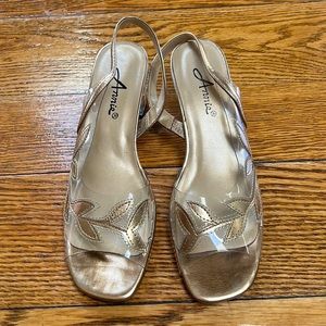 Annie clear sandals w/gold leaf pattern, clear heels.  Great condition. Size 7.5